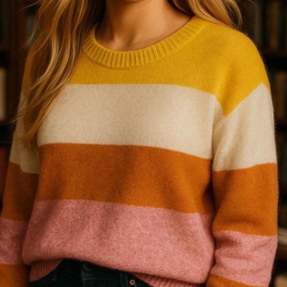 Madewell Gladwell Balloon Sleeve Striped Pullover Wool Blend Crewneck Sweater M